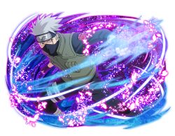  1boy black_coat black_gloves black_mask black_pants coat fingerless_gloves flak_jacket forehead_protector full_body gloves green_jacket grey_hair hatake_kakashi heterochromia holding holding_kunai holding_weapon jacket konohagakure_shinobi_uniform konohagakure_symbol kunai looking_at_viewer mask mouth_mask naruto_(series) naruto_shippuuden naruto_shippuuden:_ultimate_ninja_blazing official_art pants red_eyes scar scar_across_eye scar_on_face short_hair solo weapon 