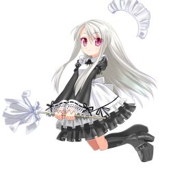  1girl apron commentary_request dress duster frilled_dress frills full_body grey_hair highres holding holding_duster kishita long_hair looking_at_viewer maid maid_headdress original platform_heels red_eyes simple_background smile solo white_background 