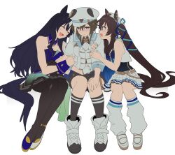  3girls animal_ears ascot asymmetrical_footwear asymmetrical_jacket bare_shoulders beret betti_(xx_betti) black_pantyhose black_shorts black_socks blue_bow blue_cape blue_eyes blue_hair blue_ribbon blush bow breasts brown_hair cape cheval_grand_(grand_itineraire)_(umamusume) cheval_grand_(umamusume) closed_eyes closed_mouth ear_covers ears_through_headwear gloves hair_between_eyes hat hat_belt highres horse_ears horse_girl horse_tail jacket kneehighs long_hair loose_socks medium_breasts mismatched_footwear mole mole_under_eye multicolored_hair multiple_girls one-piece_swimsuit open_mouth pantyhose peaked_cap ribbon shirt shoes shorts simple_background single_ear_cover single_glove skirt smile socks streaked_hair swimsuit swimsuit_under_clothes tail twintails umamusume verxina_(le_beau_sommet)_(umamusume) verxina_(umamusume) vivlos_(umamusume) vivlos_(voyage_etincelant)_(umamusume) white_ascot white_background white_hair white_hat white_jacket white_skirt white_socks 