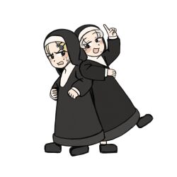  2girls :d annoyed back-to-back black_shoes blonde_hair chibi commentary diva_(hyxpk) english_commentary flower grey_hair hair_flower hair_ornament highres little_nuns_(diva) mole mole_on_cheek mole_under_mouth multiple_girls nun shoes smile smug_nun_(diva) strict_nun_(diva) traditional_nun white_background 