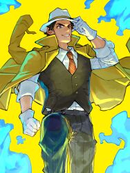  1boy absurdres arm_up belt black_pants black_sweater_vest black_vest blue_eyes blue_fire brown_hair business_suit buttons clenched_hand coat collared_shirt diagonal-striped_clothes diagonal-striped_necktie dress_pants dutch_angle fantasy fedora fire gloves grin hand_on_headwear hat highres holding jacket jacket_on_shoulders long_sleeves looking_down male_focus muscular muscular_male necktie octopath_traveler octopath_traveler_ii open_clothes open_coat open_jacket pants partitio_yellowil red_necktie saizo_sasaki salaryman shirt sleeves_rolled_up smile solo solo_focus striped_clothes striped_necktie suit sweater_vest undershirt vest white_gloves white_hat white_shirt yellow_background yellow_jacket 