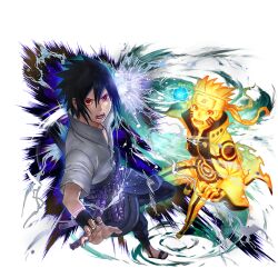  2boys black_hair black_pants black_shirt blonde_hair boots collared_jacket colored_skin electricity facial_mark fiery_aura forehead_protector grey_jacket high_collar jacket konohagakure_symbol looking_at_viewer magatama magatama_print male_focus multiple_boys naruto_(series) naruto_shippuuden naruto_shippuuden:_ultimate_ninja_blazing official_art open_mouth pants rasengan red_eyes sandals sharingan shirt short_hair spiky_hair teeth uchiha_sasuke uzumaki_naruto uzumaki_naruto_(kurama_mode) yellow_boots yellow_eyes yellow_jacket 