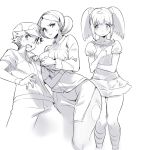  2girls baseball_cap breasts character_request cleavage cropped_legs hair_bun hat lineart monochrome mother_and_son multiple_girls naso4 pokemon pokemon_(anime) red_(pokemon) short_twintails skirt twintails 