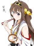  1girl ahoge bare_shoulders blue_eyes blush bowl brown_hair chopsticks detached_sleeves food food_on_face hair_ornament hairband headgear japanese_clothes kantai_collection kongou_(kantai_collection) long_hair looking_at_viewer personification skirt solo youkan 