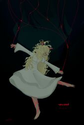  barefoot black_background blonde_hair caption deer_girl deltarune dress furry lia mind_break mind_control noelle_holiday noelle_holiday_(dark_world) puppet puppet_strings soul_(deltarune) utdr_(toby_fox) white_dress 