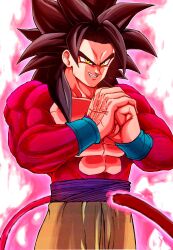  1boy black_hair blue_sash body_fur commentary_request dougi dragon_ball dragon_ball_gt highres long_hair male_focus monkey_boy monkey_tail muscular muscular_male no_nipples pants pectorals red_fur saiyan sash shin_(mrgt2288) solo son_goku spiky_hair super_full_power_saiyan_4 super_saiyan super_saiyan_4 tail yellow_eyes yellow_pants 