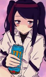  1girl blush can closed_mouth daikiri0000 energy_drink highres holding holding_can jill_stingray long_sidelocks long_sleeves looking_at_viewer monster_energy purple_background purple_hair shirt sidelocks solo upper_body va-11_hall-a violet_eyes white_shirt 