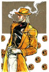  1boy araki_hirohiko_(style) beard black_shirt blue_eyes brooch brown_coat brown_hat coat cowboy_shot dim_7976 facial_hair from_side gem gloves grey_hair hat highres jewelry jojo_no_kimyou_na_bouken joseph_joestar joseph_joestar_(old) long_sleeves male_focus official_style old old_man profile red_gem shirt smoke smoking smoking_pipe solo stardust_crusaders white_gloves 