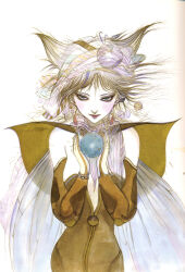  1girl absurdres amano_yoshitaka bare_shoulders breasts brown_hair capelet character_request clothing_request copyright_request detached_sleeves dragonfly_wings dress earrings eyeliner green_eyes hair_ornament_request highres holding holding_orb insect_wings jewelry lips lipstick looking_at_viewer makeup medium_breasts orb own_hands_together pale_skin red_lips rouge_(makeup) sanpaku short_hair solo standing straight-on strapless strapless_dress traditional_media tsurime upturned_eyes white_background wings yellow_capelet yellow_dress yellow_sleeves 