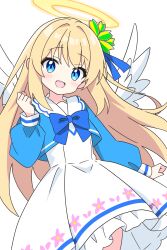  1girl :d angel_wings arm_at_side blonde_hair blue_bow blue_bowtie blue_eyes blue_jacket blue_ribbon blush bow bowtie commentary_request cowboy_shot cropped_jacket dot_nose dress feathered_wings floral_print frilled_dress frills hair_ornament hair_ribbon halo hand_up highres jacket kotatsu-mazoku long_hair long_sleeves looking_at_viewer open_mouth original print_dress ribbon shoshinsha_angel_girl_(kotatsu-mazoku) shoshinsha_mark simple_background smile solo traditional_halo white_background white_dress white_wings wings 