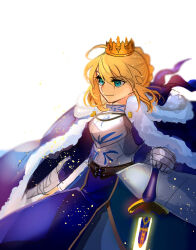  1girl armor artoria_pendragon_(fate) blue_cape blue_eyes braid cape commentary_request crown excalibur_(fate/stay_night) fate/grand_order fate_(series) fur-trimmed_cape fur_trim gauntlets goshiko86g light_particles saber_(fate) simple_background smile upper_body white_background 
