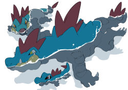  45_(maruyaki45) absurdres brown_eyes claws commentary_request crocodilian croconaw evolutionary_line feraligatr highres no_humans open_mouth pokemon pokemon_(creature) tail totodile 
