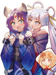  3girls :d :t absurdres anger_vein bare_shoulders cho_kaguya-hime! diamond_(shape) english_commentary forehead_jewel gem hair_ornament hair_rings hair_stick heart heart-shaped_mouth heart-shaped_pupils highres kaguya_(cho_kaguya-hime!) looking_at_another multiple_girls red_gem runami_yachiyo sakayori_iroha smile symbol-shaped_pupils v-shaped_eyebrows yushacchiart 