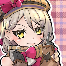  1girl black_gloves blonde_hair brown_hat brown_scarf closed_mouth commentary_request eyelashes fire_emblem fire_emblem_engage framme_(fire_emblem) gloves hat index_finger_raised looking_at_viewer nasukichi_t outline scarf simple_background smile solo upper_body white_outline yellow_eyes 