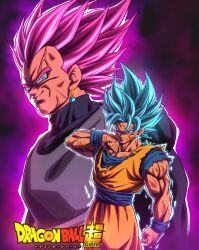  absurdres aura blue_eyes blue_hair blue_sash blue_shirt blue_wrist_cuffs bodysuit border ch_nadhir commentary copyright_name cowboy_shot dougi dragon_ball dragon_ball_super earrings english_commentary goku_black grey_bodysuit highres jewelry muscular muscular_male orange_pants orange_shirt pants pink_hair potara_earrings purple_background sash shirt single_earring son_goku spiky_hair super_saiyan super_saiyan_blue super_saiyan_rose vegeta white_border wrist_cuffs 