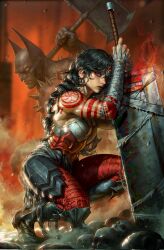  absolute_batman absolute_dc absolute_wonder_woman arm_tattoo arm_wrap bat_mask batman batman_(absolute_dc) batman_(series) black_hair breasts cowl dc_comics highres huge_weapon kneeling kyu_yong_eom lips looking_at_viewer mask muscular muscular_female nose official_art planted planted_sword red_tattoo sword tattoo wavy_hair weapon wonder_woman wonder_woman_(absolute_dc) wonder_woman_(series) 
