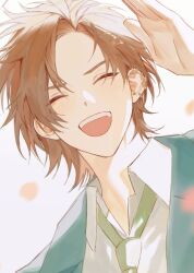  1boy arm_up blue_jacket brown_hair character_request check_character closed_eyes collared_shirt commentary_request dutch_angle earrings green_necktie jacket jewelry kimi_ga_shine korean_commentary male_focus multiple_earrings necktie nxxyxtx open_collar open_mouth parted_hair piercing portrait round_teeth shirt smile solo suit_jacket tazuna_joe teeth upper_teeth_only white_background white_shirt wing_collar 