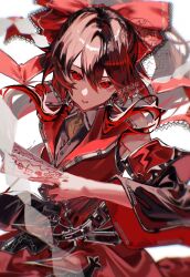  1girl alternate_costume ascot belt between_fingers black_belt bow brown_hair chayo_bababa coat collared_shirt commentary_request detached_sleeves frilled_bow frilled_hair_tubes frills gohei hair_bow hair_tubes hakurei_reimu highres holding holding_gohei holding_ofuda koumajou_densetsu long_hair looking_at_viewer ofuda ofuda_between_fingers red_bow red_coat red_eyes shirt simple_background sleeveless sleeveless_coat solo touhou watermark white_background white_shirt yellow_ascot 