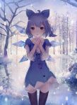  1girl absurdres ahoge black_legwear blue_eyes blue_hair bow cirno hair_bow hair_ornament hairclip highres ice ice_wings looking_at_viewer open_mouth scarf short_hair shouin snow solo thighhighs touhou tree wings 