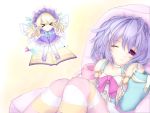  &gt;_&lt; 2girls araki1984 blonde_hair book choujigen_game_neptune hair_ornament histoire kami_jigen_game_neptune_v long_hair multiple_girls purple_hair pururut sleepy striped striped_legwear violet_eyes 