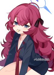  1girl 4rion absurdres between_legs black_bow black_shirt black_skirt blue_archive blue_halo blush bow breasts chips_(food) closed_mouth collarbone collared_shirt cowboy_shot crossed_bangs dress_shirt eyes_visible_through_hair fluffy_hair food food_in_mouth grey_eyes hair_between_eyes hair_bow halo hand_between_legs highres iroha_(blue_archive) leaning_forward long_hair long_sleeves looking_at_viewer missing_headwear necktie pencil_skirt potato_chips red_hair red_necktie shirt sidelocks simple_background sitting skirt slit_pupils small_breasts smile solo very_long_hair white_background yokozuwari 