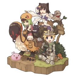  1boy 2girls animal animal_ears arm_up arm_warmers armor armored_boots backpack bag bandana bandana_around_neck bird black_gloves black_hair black_kimono black_thighhighs blonde_hair blue_eyes boots brown_bag brown_gloves brown_shoes canteen cat_ears cat_girl chainmail character_hat closed_mouth clothed_animal deformed diorama elbow_gloves emblem fingerless_gloves gauntlets gloves grass green_hair hat holding_canteen japanese_clothes kimono knight_(ragnarok_online) looking_afar looking_at_another multiple_girls mushroom ninja ninja_(ragnarok_online) novice_(ragnarok_online) official_artist_extra on_tree_stump open_mouth peco_peco pink_bag pink_shorts poring ragnarok_online rearing red_bandana red_eyes reins riding riding_animal saddle sash scarf shirt shoes short_kimono shorts sitting slime_(creature) small_sweatdrop smile smokie_(ragnarok_online) tabard thigh-highs torn_clothes torn_scarf transparent_background tree tree_stump visor_(armor) white_arm_warmers white_sash white_scarf white_shirt white_tabard yellow_eyes yuichirou 