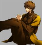  1boy brown brown_hair cross cross_necklace jewelry kotomine_kirei necklace scarf solo yellow yellow_eyes yellow_scarf zihad 
