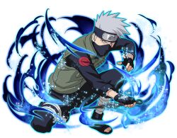  1boy black_boots black_coat black_gloves black_mask black_pants boots coat fingerless_gloves flak_jacket forehead_protector full_body gloves green_jacket grey_hair hatake_kakashi heterochromia holding holding_kunai holding_weapon jacket konohagakure_shinobi_uniform konohagakure_symbol kunai looking_at_viewer mask mouth_mask naruto_(series) naruto_shippuuden naruto_shippuuden:_ultimate_ninja_blazing official_art on_one_knee open-toe_boots pants red_eyes scar scar_across_eye scar_on_face short_hair solo weapon 
