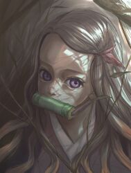  1girl aegyo_sal bamboo bit_gag black_hair child commentary_request forehead gag gekkousha hair_ribbon japanese_clothes kamado_nezuko kimetsu_no_yaiba kimono long_hair pink_kimono portrait ribbon solo tree_shade violet_eyes 