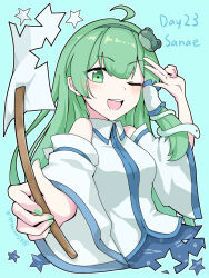  1girl :d aomurasaki_r blue_skirt blush character_name collared_shirt commentary detached_sleeves frog_hair_ornament gohei green_background green_eyes green_hair green_nails hair_ornament hair_tubes highres holding holding_gohei kochiya_sanae long_hair nontraditional_miko one_eye_closed open_mouth shirt single_hair_tube skirt sleeve_garter smile snake_hair_ornament solo star_(symbol) teeth touhou twitter_username upper_teeth_only v white_shirt white_sleeves 