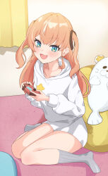  1girl :3 :d absurdres bedroom black_ribbon blue_eyes blush commentary_request controller curtains full_body game_controller grey_socks hair_ribbon highres holding holding_controller holding_game_controller hood hood_down hoodie igarashi_rika indoors kemito_(rdnk2585) long_hair looking_at_viewer loungewear multicolored_hair nijisanji no_pants no_shoes on_floor orange_hair print_hoodie ribbed_socks ribbon sitting smile socks solo star_(symbol) star_print streaked_hair stuffed_animal stuffed_seal stuffed_toy thighs two-handed two-tone_hair two_side_up virtual_youtuber wariza white_hoodie white_streaks 