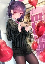  1girl balloon black_pantyhose black_shorts collared_shirt commentary_request heart heart_balloon highres jacket kobayashi_chisato necktie original pantyhose purple_hair purple_necktie red_eyes shirt short_hair shorts solo striped_clothes striped_jacket white_shirt 