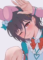  1girl ;3 animal_ear_hairband animal_ears aqua_dress aqua_hairband arm_up black_hair bow bowtie closed_mouth commentary_request dress fake_animal_ears hair_ornament hairband highres ixianim jellyfish_cut katsuragi_izumi link!_like!_love_live! looking_at_viewer love_live! my_melody my_melody_(series) one_eye_closed orange_eyes rabbit_ear_hairband rabbit_ears rabbit_pose red_bow red_bowtie sanrio slit_pupils solo triangle_hair_ornament unfinished upper_body virtual_youtuber 