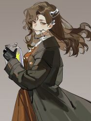  1girl black_coat black_gloves braces brown_eyes brown_hair coat cowboy_shot dress facing_to_the_side gloves grey_background hashtag-only_commentary highres holding holding_jar jar long_hair long_sleeves looking_at_viewer orange_dress reverse:1999 shirt simple_background smile solo tooth_fairy_(reverse:1999) uikaposting white_shirt 