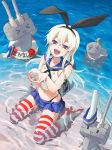  &gt;_&lt; 1girl 47lgm anchor blonde_hair blue_eyes hair_ornament hair_ribbon innertube kantai_collection long_hair looking_at_viewer machinery midriff navel ocean panties partially_submerged personification propeller rensouhou-chan ribbon shimakaze_(kantai_collection) sitting striped striped_legwear thighhighs turret underwear wariza water 