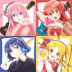  4girls :d :| ahoge bass_guitar black_sweater black_vest blonde_hair blue_border blue_eyes blue_hair blush bocchi_the_rock! border bow bowtie brown_cardigan cardigan choppy_bangs closed_mouth collared_shirt color_coordination column_lineup commentary_request cube_hair_ornament dot_nose drum drumsticks electric_guitar fender_precision_bass gibson_les_paul gotoh_hitori grid_lineup guitar hair_ornament hand_up hands_up heart heart_hands highres himajin_atelier ijichi_nijika instrument jacket kessoku_band kita_ikuyo large_bow long_hair long_sleeves looking_at_viewer mole mole_under_eye multiple_girls notched_ear one_side_up open_mouth orange_eyes outside_border pink_border pink_hair pink_jacket polka_dot polka_dot_bow polka_dot_bowtie red_border red_bow red_bowtie red_hair sailor_collar school_uniform shadow shirt short_hair side_ponytail simple_background smile sweater track_jacket vest white_background white_sailor_collar white_shirt wing_collar yamada_ryo yellow_border yellow_eyes 