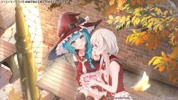  2girls aqua_hair assault_lily bare_arms bare_shoulders bench black_bow black_thighhighs blunt_bangs blurry blush bow bowtie box braid breasts brown_sailor_collar commentary_request copyright_notice cowboy_shot cross-laced_clothes cross-laced_skirt day depth_of_field detached_sleeves falling_leaves frilled_hat frilled_skirt frills from_above gift gift_box green_eyes grey_hair hair_over_shoulder hands_up hat hat_bow holding holding_box holding_gift indoors jewelry kanba_girls_high_school_uniform lamppost leaf light_particles long_hair long_sleeves looking_at_another low_twintails medium_breasts miniskirt mugiusagi multiple_girls necktie official_art on_bench open_mouth parted_lips profile red_hat red_skirt ring sailor_collar school_uniform serafuku sett shiozaki_suzume short_necktie side_braid single_braid sitting skirt sleeve_bow sleeves_past_wrists smile sparkle thigh-highs tozaki_moka twintails violet_eyes white_bow white_bowtie white_necktie witch_hat wooden_bench zettai_ryouiki 