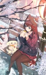  1girl absurdres beanie bench black_hair black_jacket black_pantyhose blue_eyes bow bowtie box braid character_snowman closed_mouth commentary_request commission eun_yo food gift gift_box haedungi_(shirayuki_hina) hair_bow hat highres holding holding_food jacket korean_commentary lamppost long_hair long_sleeves nail_polish on_bench outdoors pantyhose plaid_clothes plaid_skirt pleated_skirt railing red_bow red_bowtie red_nails red_skirt shirayuki_hina sitting skirt snowflakes snowing snowman stellive sweater taiyaki virtual_youtuber wagashi water white_sweater wooden_bench wooden_railing 