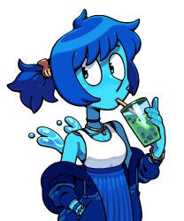  1girl alternate_costume blue_eyes blue_hair blue_skin breasts bubble_tea colored_skin cup discount-supervillain drinking gem_(steven_universe) lapis_lazuli_(steven_universe) liquid_wings short_hair solo steven_universe water 