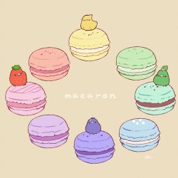  banana bird blueberry brown_background chai_(drawingchisanne) commentary_request food food-themed_creature fruit macaron mint_chocolate mint_leaf no_humans on_food original simple_background solid_circle_eyes strawberry sweets_bird 