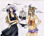  2girls :t absurdres artist_request bikini clothes_hanger crossed_arms diving_mask dress gradient_eyes gradient_hair hand_on_hip hat highres hijiri_byakuren long_hair midriff multicolored_eyes multicolored_hair multiple_girls navel pout price_tag short_shorts shorts snorkel sun_hat swimsuit touhou toyosatomimi_no_miko translation_request wink yellow_eyes 