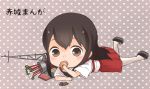  akagi_(kantai_collection) arrow brown_eyes brown_hair chibi closed_mouth eating japanese_clothes kantai_collection long_hair looking_at_viewer open_eyes personification 