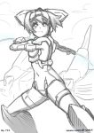  1girl autumn-north bodysuit exelica fighting_stance headgear mecha_musume monochrome solo trigger_heart_exelica weapon 