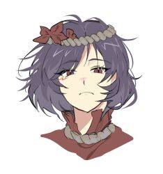  1girl blush brown_hairband closed_mouth commentary_request eyelashes hair_ornament hairband korean_commentary leaf_hair_ornament looking_at_viewer lovelobten mandarin_collar maple_leaf_hair_ornament nose_blush purple_hair red_eyes red_shirt rope shirt short_hair simple_background solo touhou upper_body white_background yasaka_kanako 
