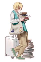  1boy absurdres aqua_vest baggy_pants blonde_hair blush book book_stack brown_pants collared_shirt eyelashes full_body green_shoes half-closed_eyes hands_up highres holding holding_book ingan0123 limbus_company long_sleeves looking_to_the_side male_focus open_mouth pants project_moon rolling_suitcase round_eyewear rounded_collar shirt shoes short_hair sideways_mouth sinclair_(project_moon) solo suitcase undershirt vest watermark white_background white_shirt white_sleeves 