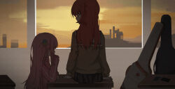  2girls arm_support arms_at_sides bocchi_the_rock! brown_sweater cellphone commentary cube_hair_ornament desk evening film_grain gotoh_hitori guitar_case hair_ornament hand_up highres indoors instrument_case jacket kita_ikuyo long_hair long_sleeves looking_at_another looking_to_the_side multiple_girls on_desk one_side_up orange_sky phone pink_hair pink_jacket red_hair sitting sky smartphone straight_hair summerwood_000 sweater track_jacket window 
