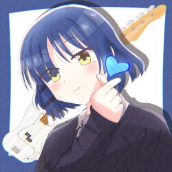  1girl :| bass_guitar black_sweater blue_border blue_hair blush bocchi_the_rock! border choppy_bangs closed_mouth commentary_request fender_precision_bass hand_up heart highres himajin_atelier instrument looking_at_viewer mole mole_under_eye outside_border shadow short_hair simple_background solo sweater upper_body white_background yamada_ryo yellow_eyes 