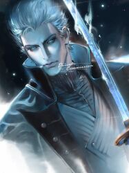  1boy blue_coat blue_eyes closed_mouth coat devil_may_cry_(series) devil_may_cry_5 fingerless_gloves gloves hair_slicked_back hashtag-only_commentary highres holding holding_sword holding_weapon hong_990 katana male_focus short_hair simple_background solo sword vergil_(devil_may_cry) weapon white_hair yamato_(sword) 