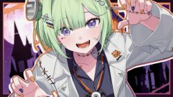  1girl bat_ornament black_nails black_ribbon black_shirt blue_eyes character_print chico_(yuzuha_riko) collarbone corsetman frankenstein's_monster_costume full_moon green_hair hair_ornament hair_ribbon hairclip halloween halloween_costume heart heart_hair_ornament heart_tattoo highres jacket jewelry long_sleeves moon multicolored_eyes nail_art necklace object_through_head open_mouth orange_nails orange_ribbon parallel_hairclips pumpkin_print ribbon screw_in_head shirt solo stellive tattoo violet_eyes virtual_youtuber white_jacket yuzuha_riko 