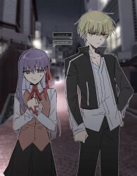  ... 1boy 1girl black_jacket black_skirt blonde_hair blurry blurry_background brown_vest building chinese_commentary clenched_hand commentary_request fate/stay_night fate_(series) gilgamesh_(fate) gilgamesh_(immoral_biker_jacket)_(fate) hair_ribbon hand_on_own_hip highres homurabara_academy_school_uniform jacket lioyu_f matou_sakura night purple_hair red_eyes ribbon school_uniform shirt skirt sleeves_past_wrists spoken_ellipsis stone_floor untucked_shirt vest violet_eyes white_shirt 